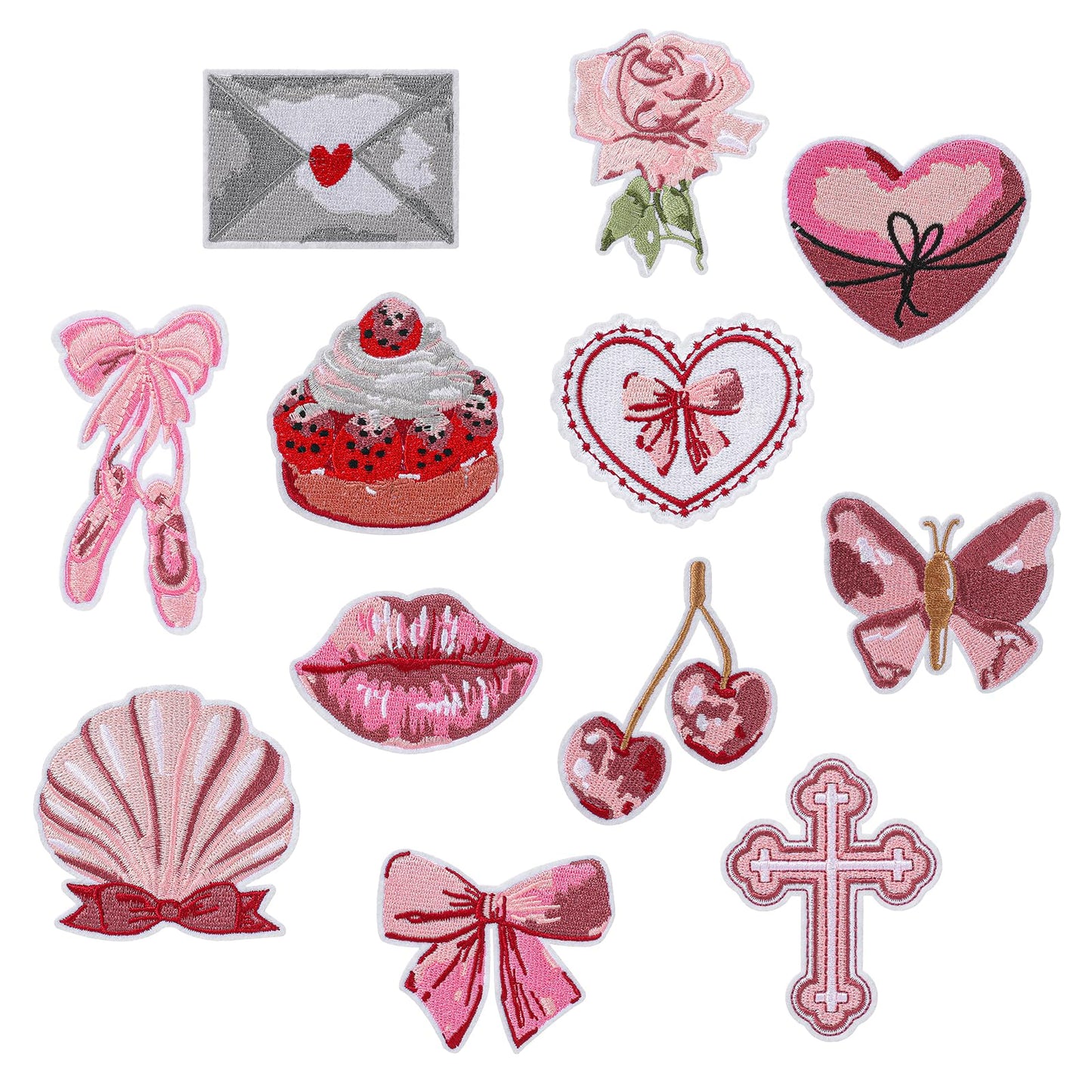 12Pcs Embroidered Iron on Patches Vintage Sew on Repair Applique Pink Aesthetics Iron on Patches Ballet Style Butterfly Lip Cherry Rose Cross Cake DIY Craft Gifts for Clothes Hat Jean Skirt Backpack