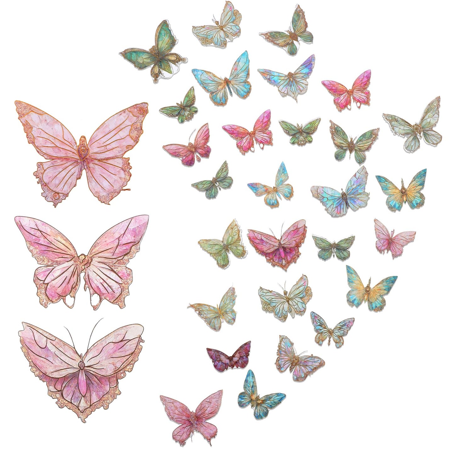 80PCS Butterfly Stickers Set Holographic Glitter Butterfly Stickers Ice Crystals Transparent Resin Waterproof Stickers Decals Phone Shiny Stickers for Scrapbooking Water Bottles Laptop Journaling