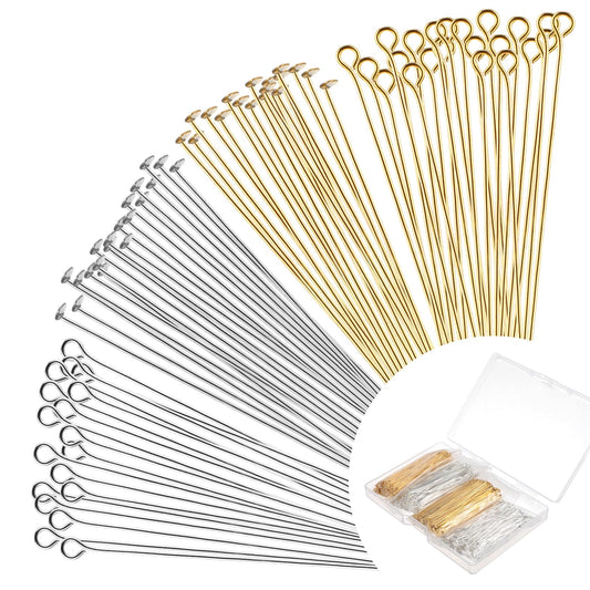 600 Pcs Flat Head Pins Filled Eye Pins Straight Head Ball Pins Open Eyepins with Plastic Box Metal End Headpins for Craft Earring Bracelet Necklace Pendant Making Accessories Supplies