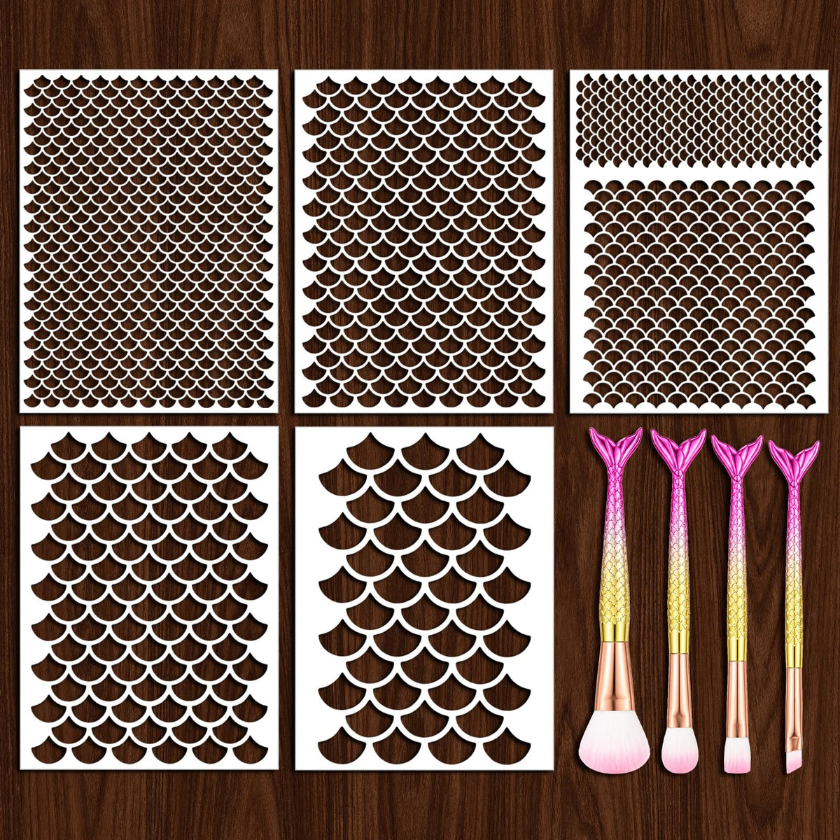Gjinxi 9 Pcs Mermaid Scale Stencil Kit Face Makeup Templates with Brushes