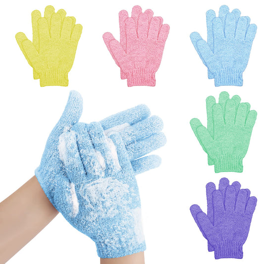 Sibba 5 Pair Bath Gloves for Shower Natural Loofah Exfoliating Wash Gloves for Body and Face, Dead Skin Remover, Double Sided Microfibre Shower Body Gloves for Adults and Kids