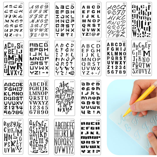 Dimeho 20Pcs Letter Stencils for Painting, 20 Designs Alphabet Journal Stencils Plastic Numbers Lettering Alphabet Stencil Font Templates for Notebook Scrapbook DIY Drawing Template Reusable(4x7 Inch