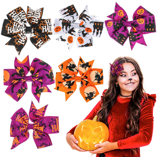 Sibba 6 Pieces Halloween Christmas Bow Hair Pins Halloween Hair Bows Clip Pumpkin Bat Pattern Boutique Clip Halloween Barrette Accessories for Girls