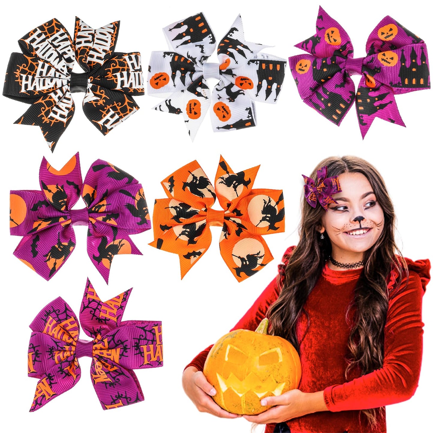 Sibba 6 Pieces Halloween Christmas Bow Hair Pins Halloween Hair Bows Clip Pumpkin Bat Pattern Boutique Clip Halloween Barrette Accessories for Girls
