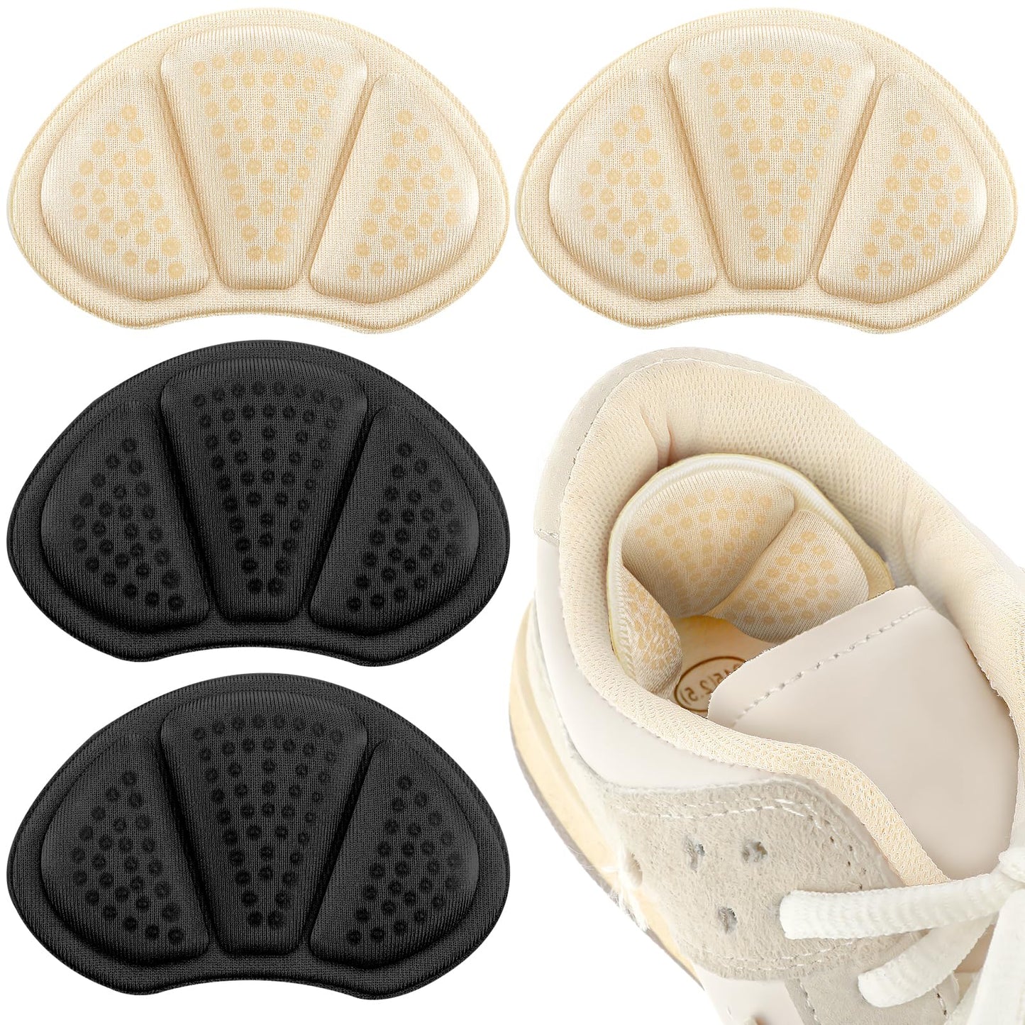 COMNICO 2 Pairs Heel Cushion Pads, Back of Heel Cushion Pads Adhesive Reusable Heel Guards Liners Protect Heel Cushion Inserts for Women Men Loose Shoes Too Big(Black/Skin)