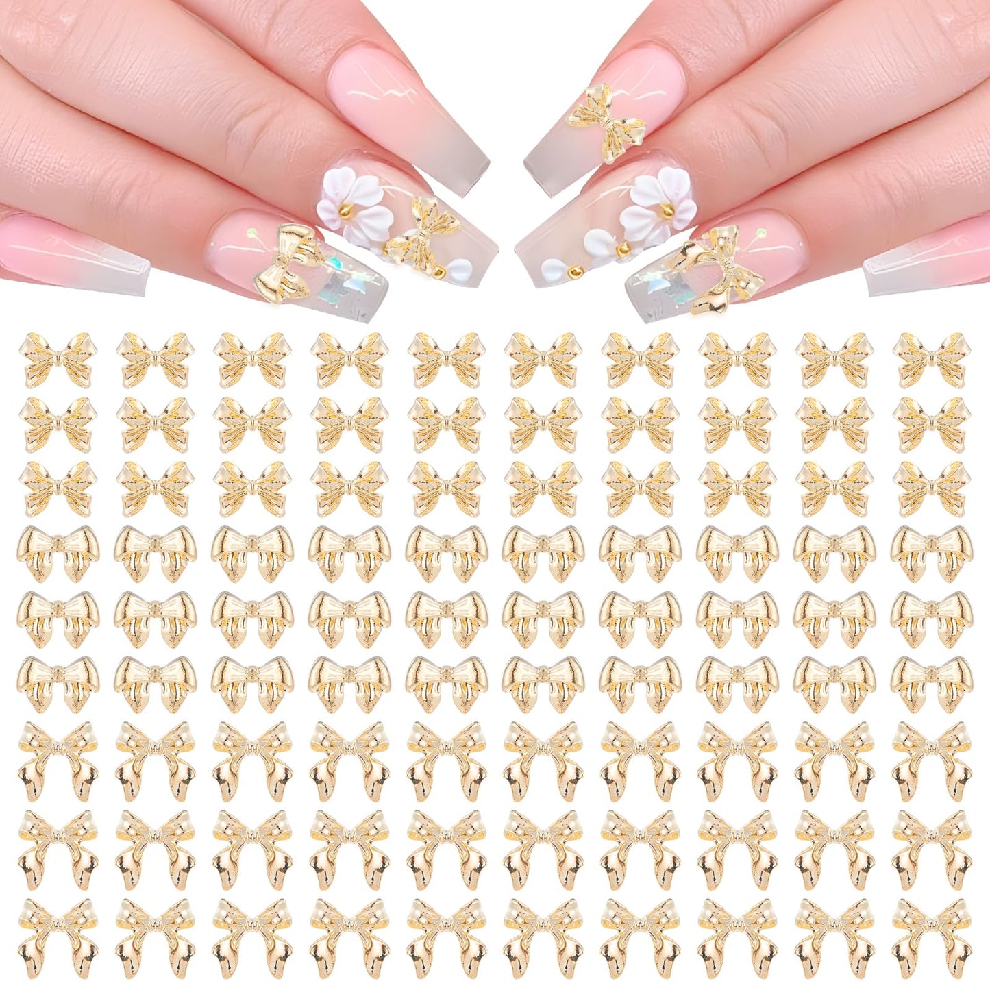 100 Pcs Aurora Bow Nail Charm, Bowknot Nail Accessories, Resin Cute Nail Rhinestone Glitter, 3D Mix Styles Nail Decoration Kits for Nail Art, Craft and Decoration(Gold)