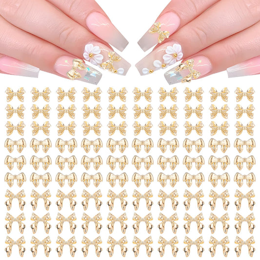 100 Pcs Aurora Bow Nail Charm, Bowknot Nail Accessories, Resin Cute Nail Rhinestone Glitter, 3D Mix Styles Nail Decoration Kits for Nail Art, Craft and Decoration(Gold)