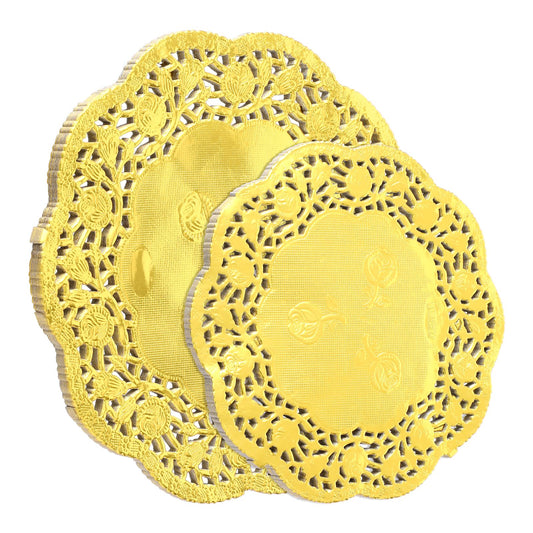 Dimeho 100 Pcs Gold Doilies Paper 4.5inch + 6.5inch Disposable Round Lace Placemats Dinning Plate Mat for Fried Food Cakes Crafts Tabletop Tableware Decoration Wedding Party Home Decor