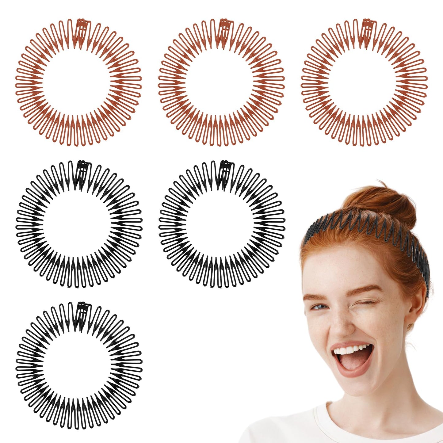 COMNICO 6PCS Full Circular Stretch Comb Hair Band Flexible Plastic Circle Headbands with Teeth for Women Lady Girls (Black+Brown)