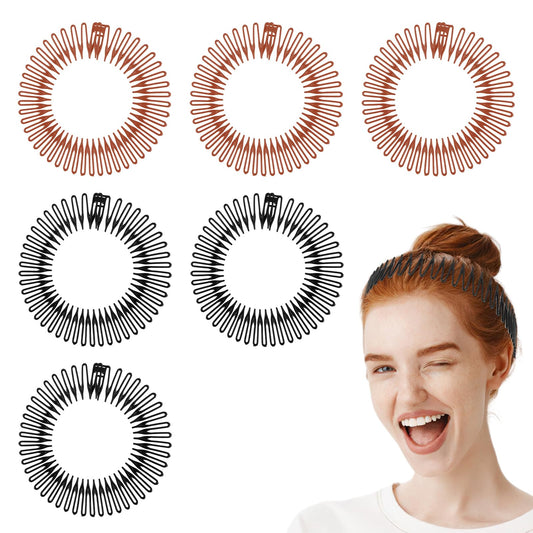 COMNICO 6PCS Full Circular Stretch Comb Hair Band Flexible Plastic Circle Headbands with Teeth for Women Lady Girls (Black+Brown)