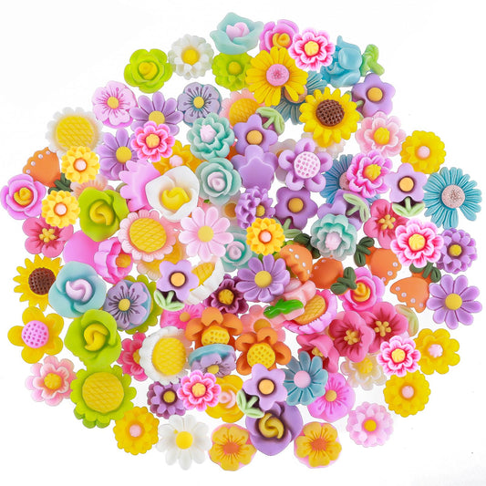 100PCS Slime Charms Flower Cute Set, Mixed Colors Flatback Resin Flower Charms Set Mini Resin Flower Charms for DIY Crafts, Making, Decorations, Scrapbooking, Embellishments, Hair Clip
