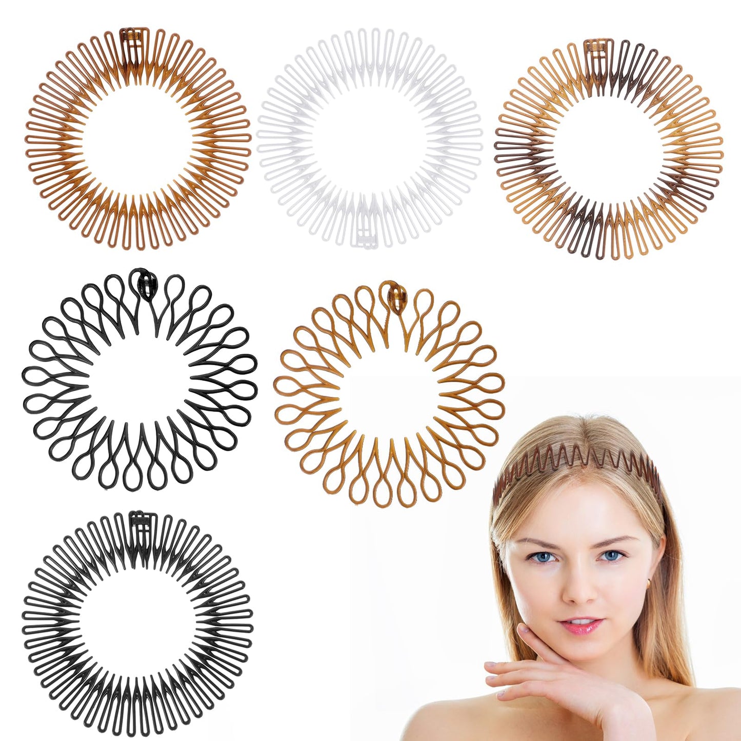 6PCS Full Circular Stretch Comb, Flexible Plastic Round Comb, Elastic Hair Comb Headband Hairband Holder for Women Girls