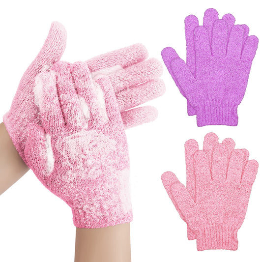 Sibba Bath Gloves for Shower Natural Loofah Exfoliating Wash Gloves for Body and Face, Dead Skin Remover, Double Sided Microfibre Shower Body Gloves for Adults and Kids (2 Pair Pink&Purple)