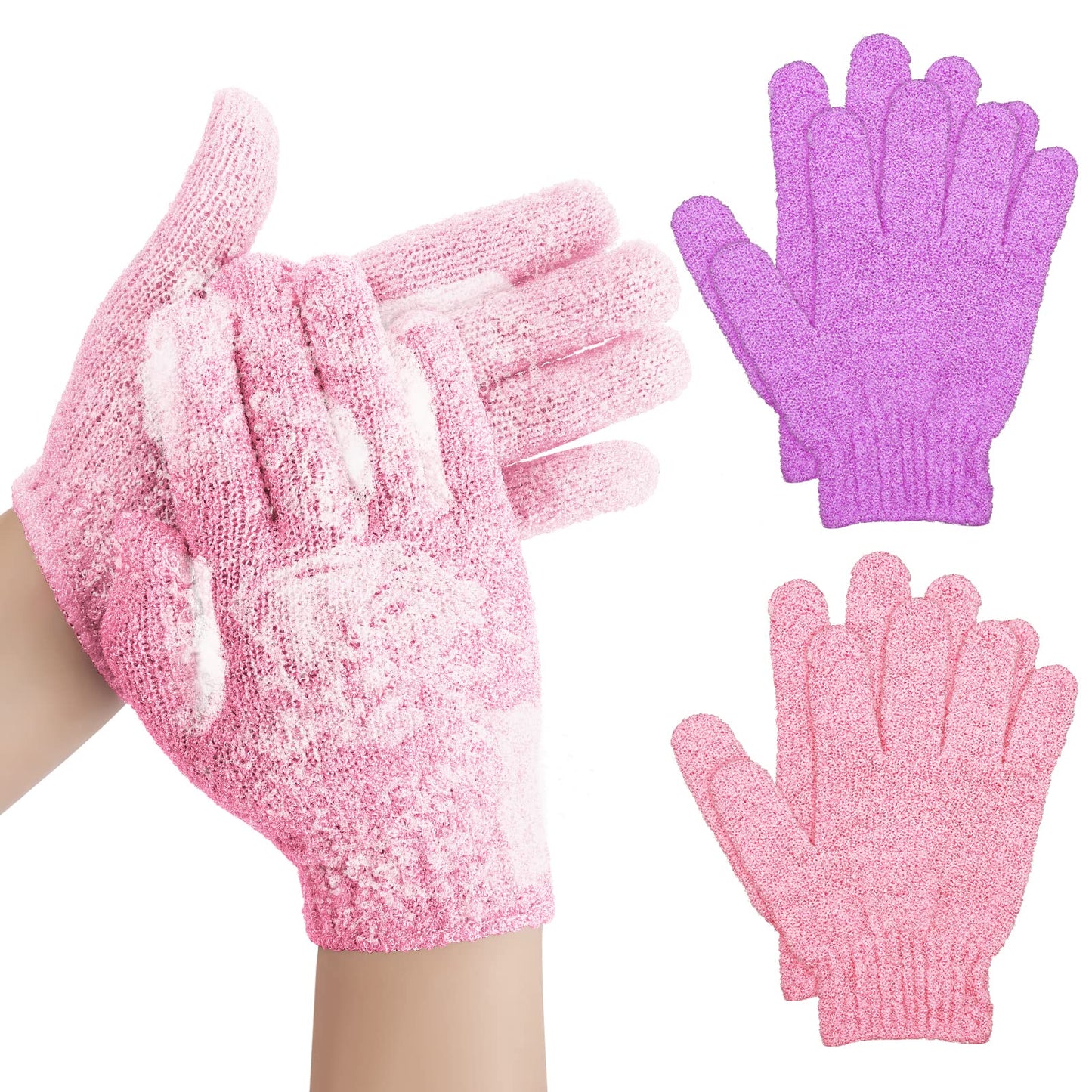 Sibba Bath Gloves for Shower Natural Loofah Exfoliating Wash Gloves for Body and Face, Dead Skin Remover, Double Sided Microfibre Shower Body Gloves for Adults and Kids (2 Pair Pink&Purple)