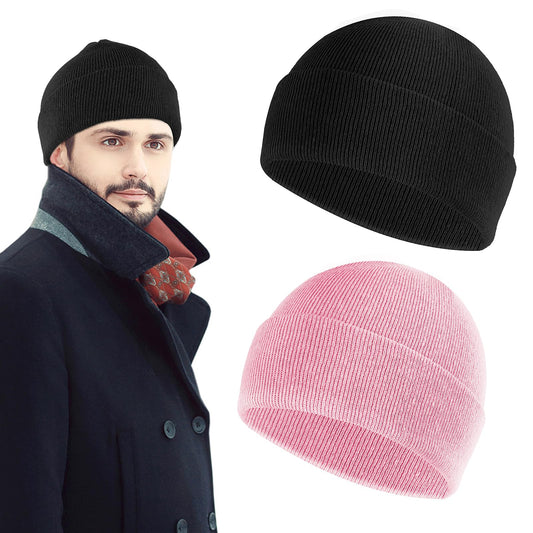 Sibba 2 Pieces Unisex Beanie Hat Soft Lightweight Winter Knit Cuffed Caps Fisherman Beanie Warm Windproof Skull Cap for Men and Women Pink