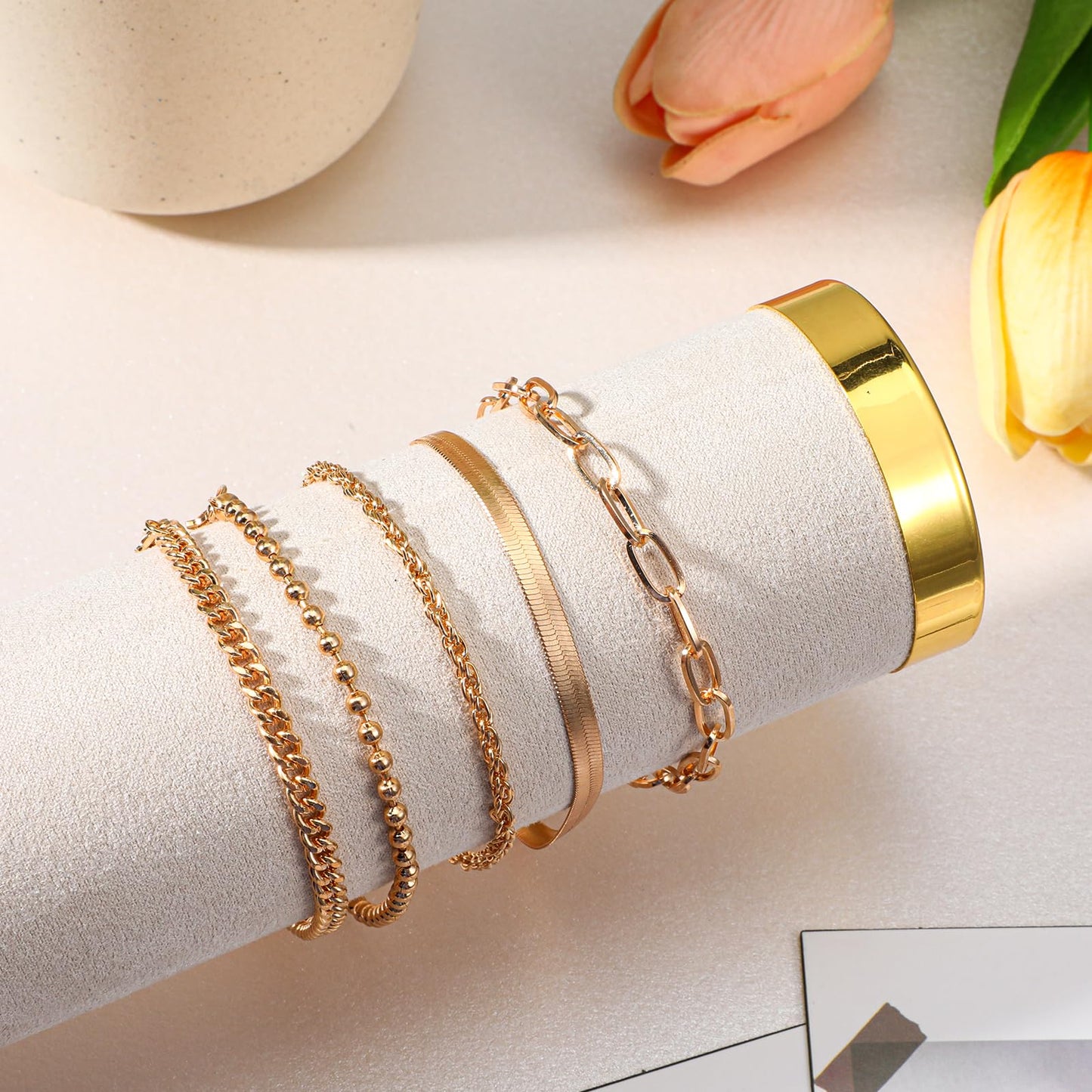 14K Gold Bracelets for Women, 5 Pcs Waterproof Gold Jewelry Stackable Bracelet Sets, Thin Trendy Thin Cuban Link Beads Paperclip Chain Bracelets Lanyard Golden Fashion Accessories Gifts for Women