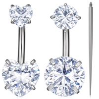 Hadnves 2 Pcs Bar Belly Button Ring Stainless Steel Double Internal Thread Navel Rings Cubic Button Body Piercing Jewelry for Women Men