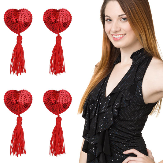 Sibba Breast Petals Nipple Covers Pasties Cover With Lift Tassel Stickers Boob Rave Bra Rhinestone Chest Patches Reusable Skin Patch Heart-shaped Sticky Cakes Tape Bra For Women Red