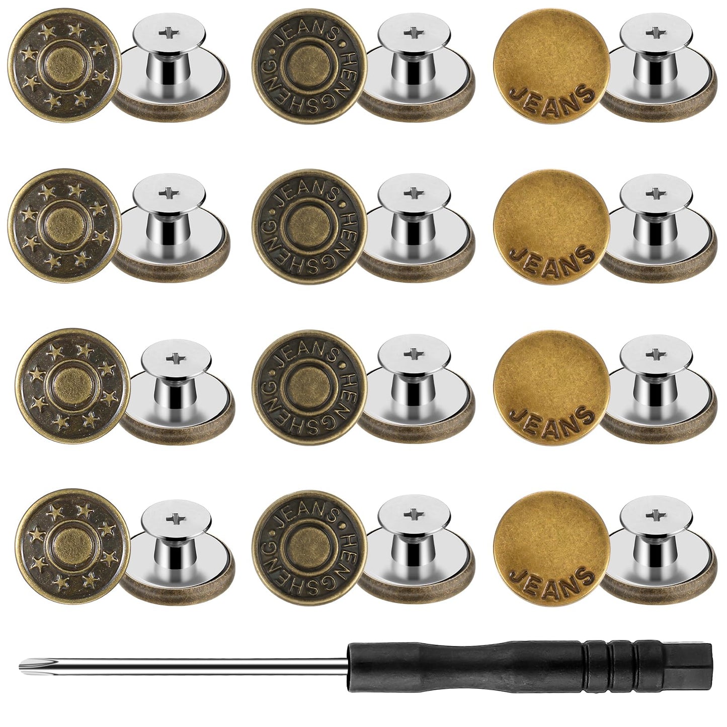 Qianyu Pack of 12 Trousers Replacement Buttons Button Pins 17 mm No Sewing Adjustable Brass Jeans Buttons Plug with Screwdriver DIY Metal Trouser Button for Repair of Jeans