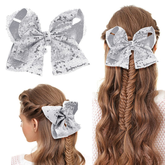 Sibba 1 PC Hair Bow 8 Inches Big Clip Sequin Oversize Sequined Barrettes Glitter Layered Pigtail Holder For Little Girls Kids Women Sweet Halloween Cosplay Accessories(silver)