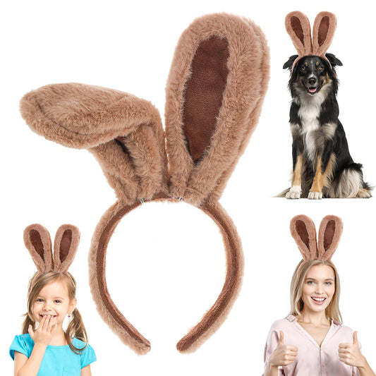 Sibba Plush Bunny Ears Headband 1 Piece Rabbit Ear Accessory Easter Cosplay Christmas Theme Party Hair Styling Costume Dress Up for Women (Brown Thick Pattern)