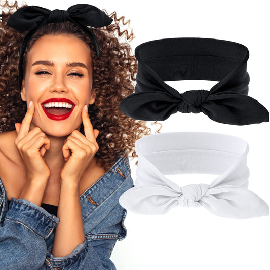 Sibba 2 Pieces Headbands Vintage Rabbit Ear Bow Headwraps Boho Headband Rabbit Ear Hairband Hair Accessories for Women Girls(Black)