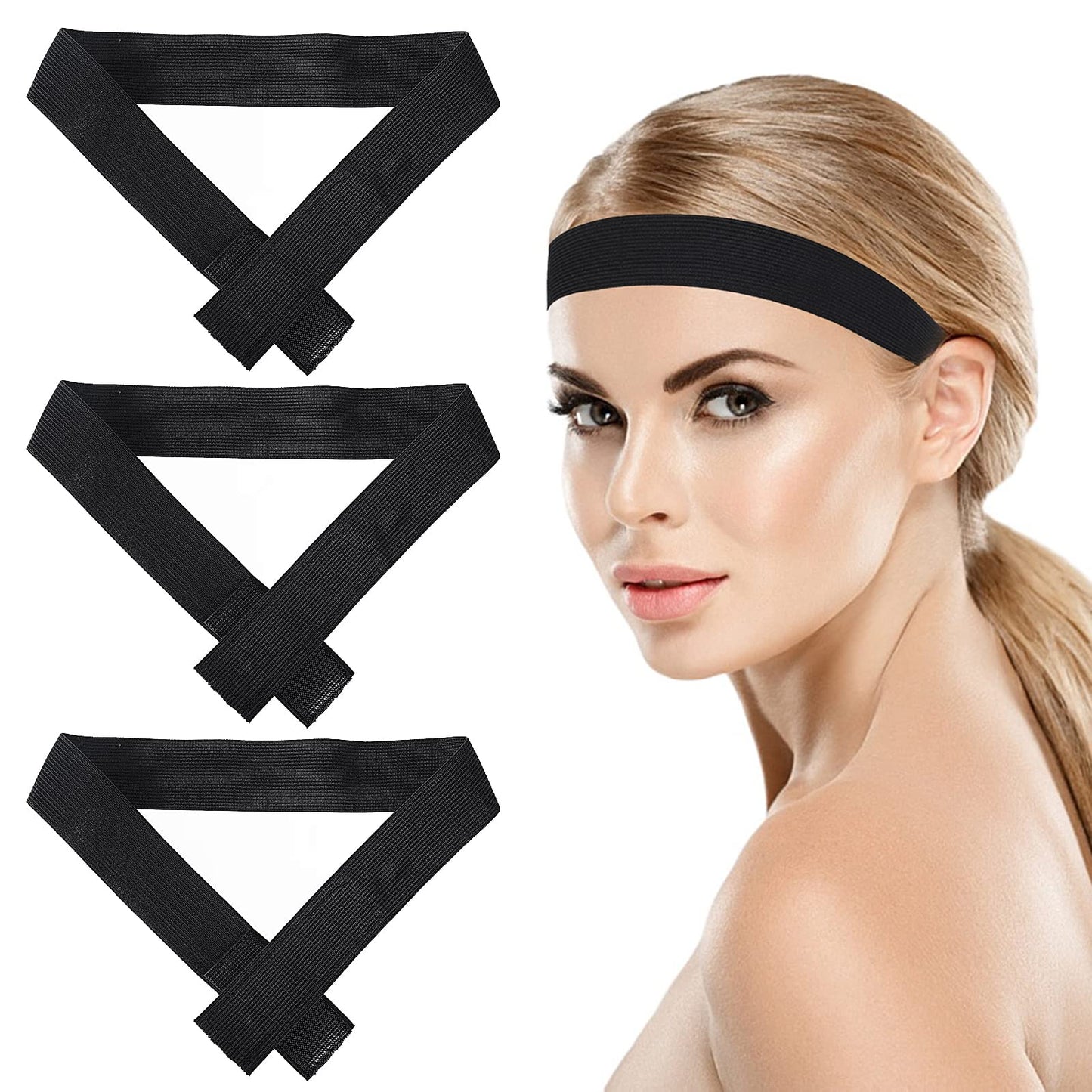 Sibba 3 Packs Elastic Wig Band for Fixed Keeping Hair Wigs in Place 3 cm Black Nylon Edges Bands Headbands Anti-slip Lace Closure Frontal Melt Edge Lay Scarf Adjustable Hairstyle Holder