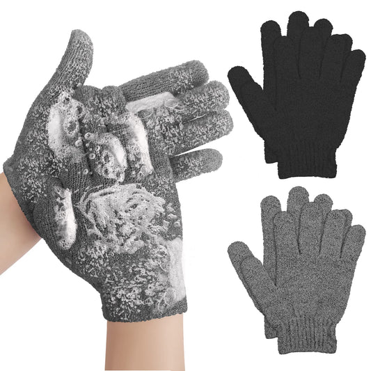 Sibba Bath Gloves for Shower Natural Loofah Exfoliating Wash Gloves for Body and Face, Dead Skin Remover, Double Sided Microfibre Shower Body Gloves for Adults and Kids (2 Pair Black&Light grey)