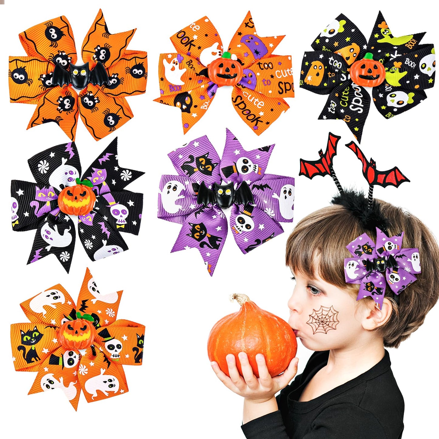 Sibba 6 Pieces Halloween Christmas Bow Hair Pins Halloween Hair Bows Clip Pumpkin Bat Pattern Boutique Clip Halloween Barrette Accessories for Girls