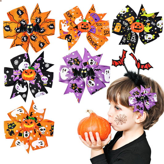 Sibba 6 Pieces Halloween Christmas Bow Hair Pins Halloween Hair Bows Clip Pumpkin Bat Pattern Boutique Clip Halloween Barrette Accessories for Girls