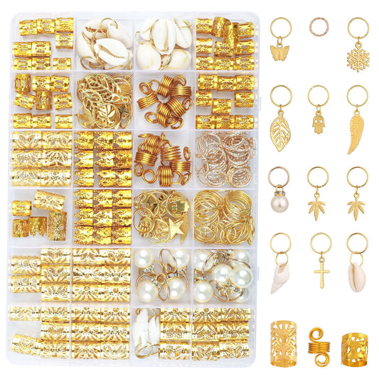 COMNICO 230 Pcs Gold Hair Jewelry for Braids, DIY Dreadlocks Beads Set Metal Gold Braids Rings Cuffs Clips Adjustable Decorations Women Girls Festival Hair Accessories Revel Fashion Styling Tools