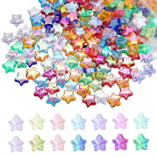Sibba 220 PCS Acrylic Star Shape Beads with 1 Roll of Cord, 10mm Pentagram Plastic Rainbow Star Beads, Colorful Charming Beads for DIY Jewelry, Craft Making, Necklace, Bracelet Supplies