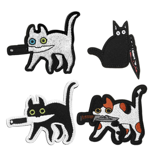 COMNICO Embroidered Patches, 4 Pcs Funny Cat with Knife Patches Cute Cat Patch Embroidered Appliques Repair DIY Accessories for Backpacks Jackets Jeans