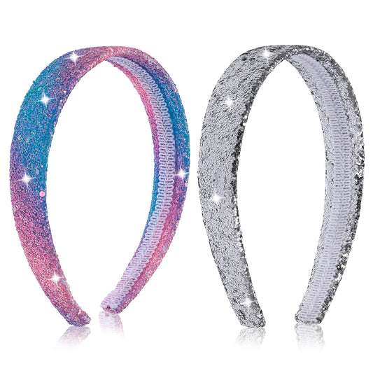 Sibba Headbands Hair Band 2 PCS Rhinestone Sparkly Thin Beaded Wide Head Bands Silver Sparkle Glitter Large Bling Sequin Jeweled Holiday Accessories Gifts Children Girls