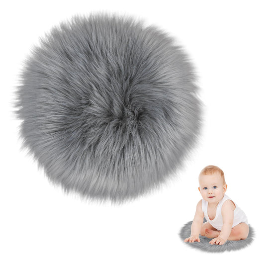 Sibba Bedroom Area Rug Fluffy Faux Fur Fuzzy Long Fireplace Hide Round Carpet Chair Cover Cushion Pad Plush Washable Table Cover Home Kitchen Decorative(15 Inch,Grey)