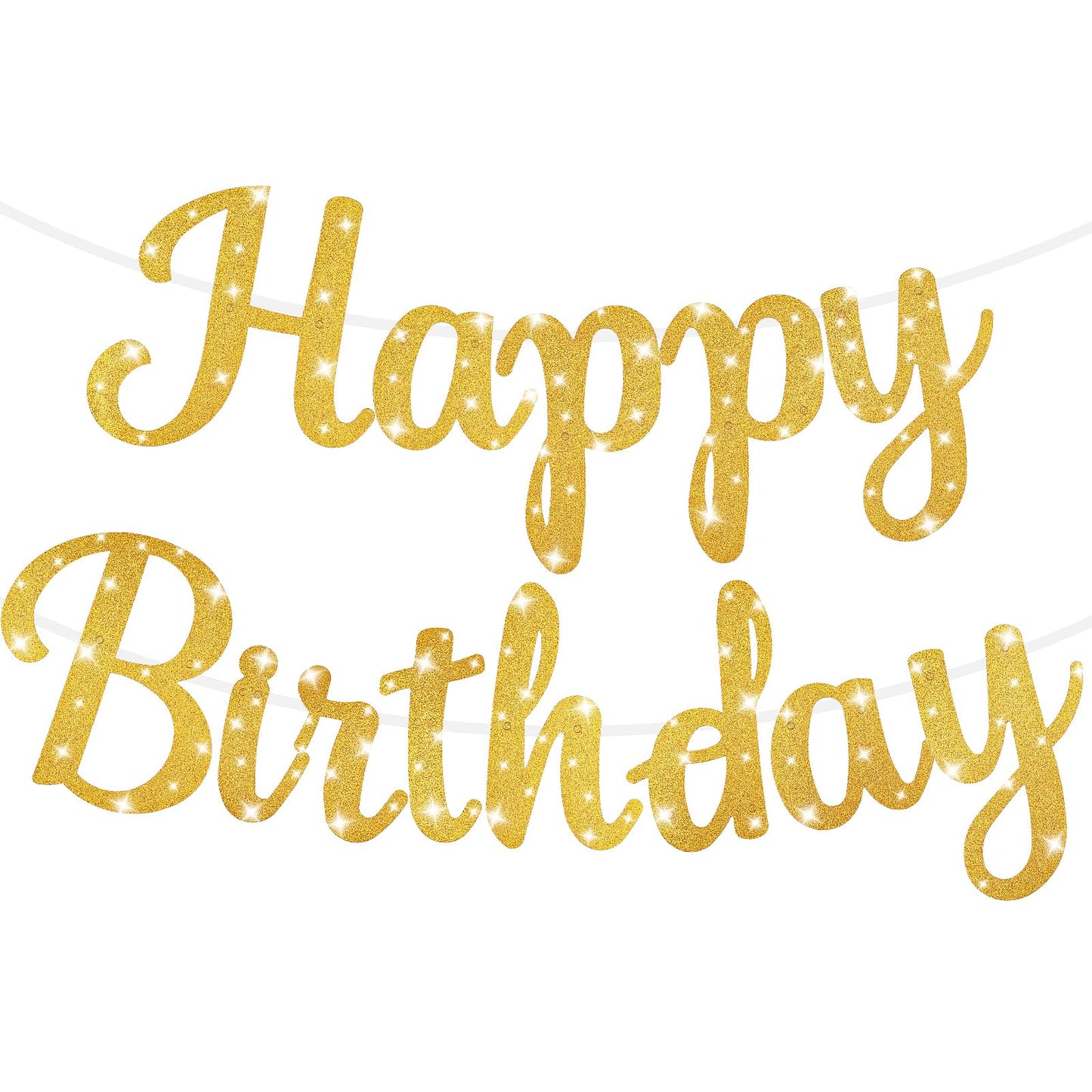 COMNICO Glitter Gold Happy Birthday Banner - Pre-Strung No DIY Cursive Happy Birthday Sign Backdrop Birthday Party Decorations for Men Women Boys Girls