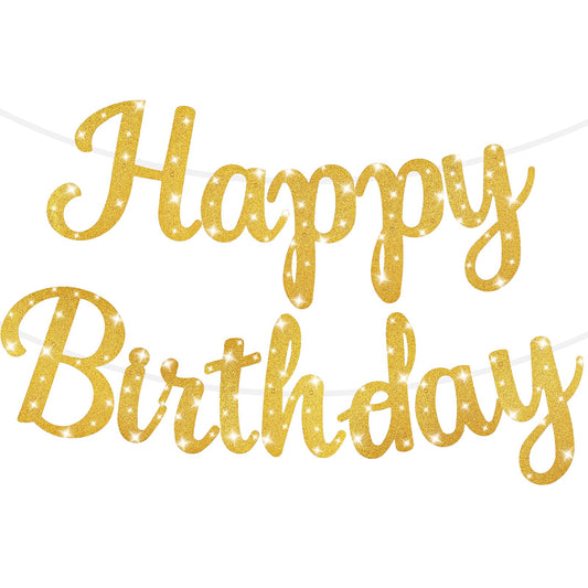 COMNICO Glitter Gold Happy Birthday Banner - Pre-Strung No DIY Cursive Happy Birthday Sign Backdrop Birthday Party Decorations for Men Women Boys Girls