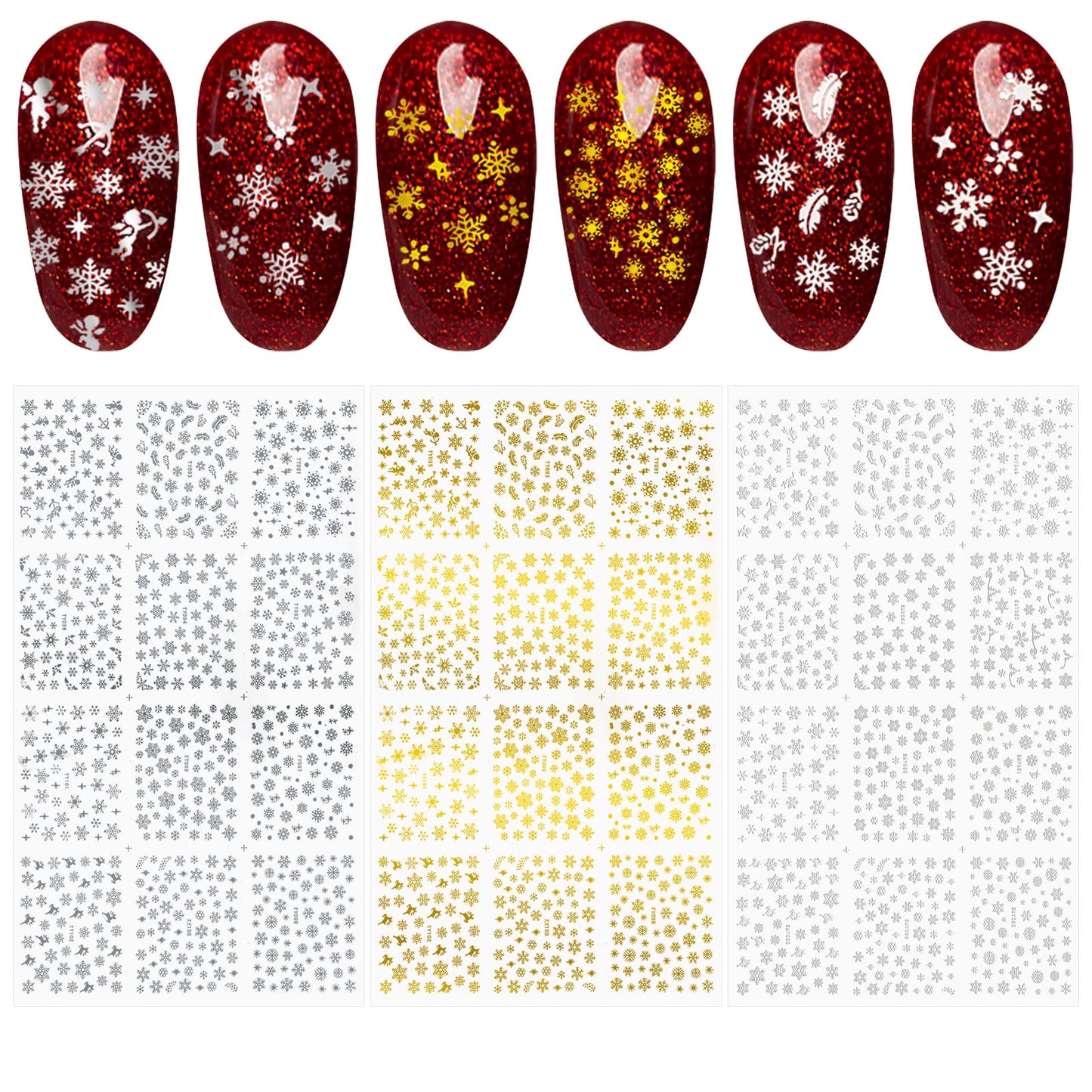 Sibba Christmas White Gold Snowflake Nail Art Stickers 36 Pcs 3 Sheet 5D Stereoscopic Embossed Decorations Gifts for Women Kids Girl Hollow Exquisite Decals Tips Acrylic Nail Art Supplies DIY Relief