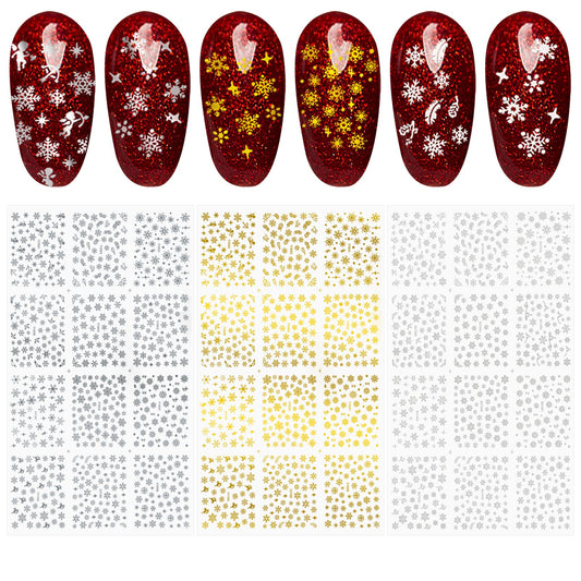 Sibba Christmas White Gold Snowflake Nail Art Stickers 36 Pcs 3 Sheet 5D Stereoscopic Embossed Decorations Gifts for Women Kids Girl Hollow Exquisite Decals Tips Acrylic Nail Art Supplies DIY Relief