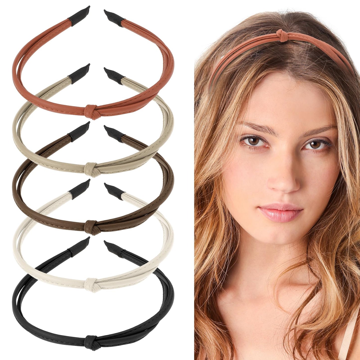 COMNICO Leather Headbands, 5 Pcs Knotted Thin Hair Bands Simple Non Slip Hair Hoops Hair Fashion for Girls Women Hair Accessories (Black, Dark Coffee, Caramel, Milky White, Khaki)
