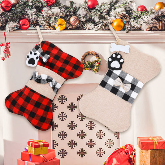 Sibba 2Pcs Pet Dog Christmas Stockings, Large Bone Shape Hanging Pets Stockings, Buffalo Plaid Christmas Stockings, Classic Hanging Stockings for Family Holiday Christmas Decor