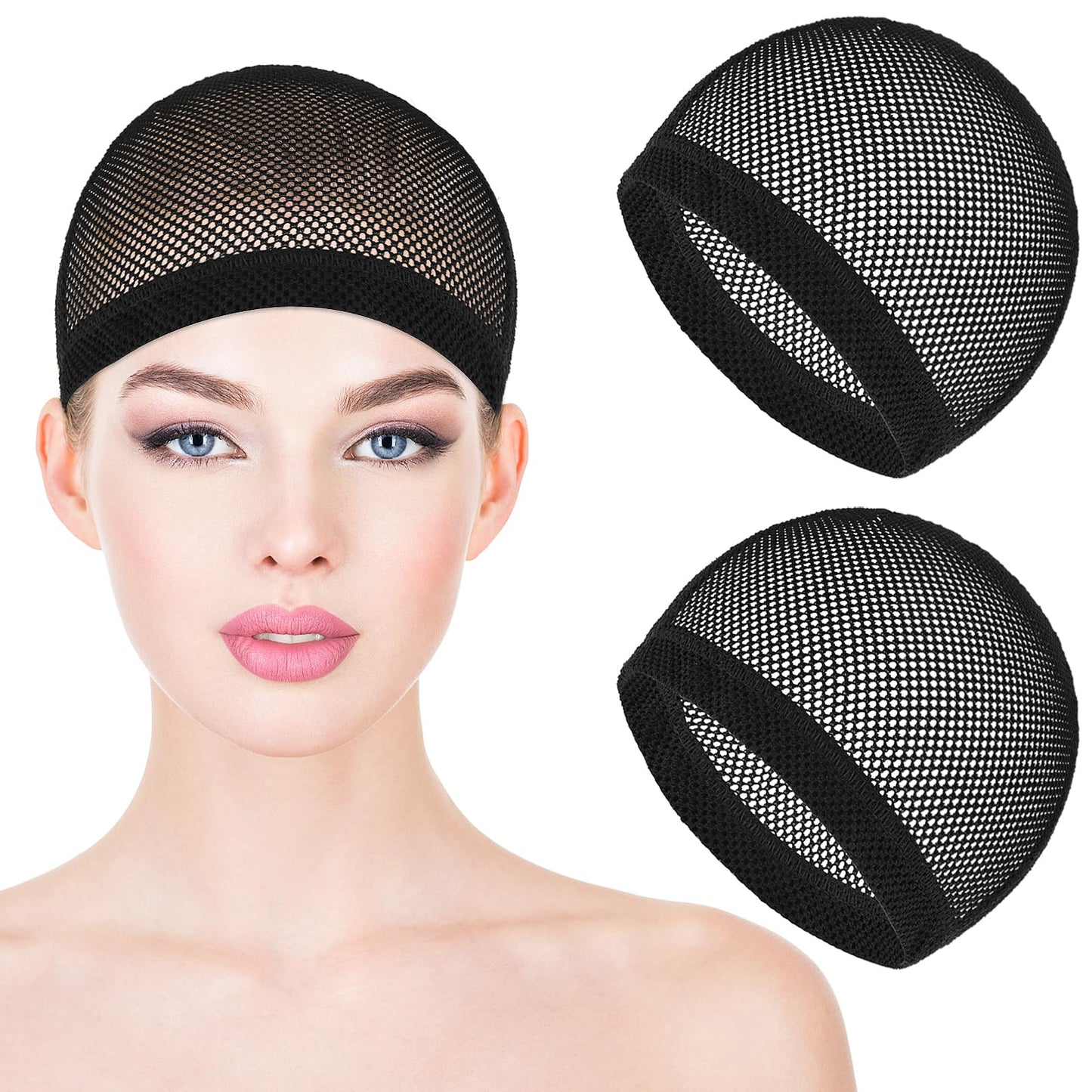 COMNICO 2PCS Wig Cap Stretchable Crochet Lace Mesh Wig Cap Net Closed End Hair Nets Sleeping Hairnet Liner Weaving Caps (Black)