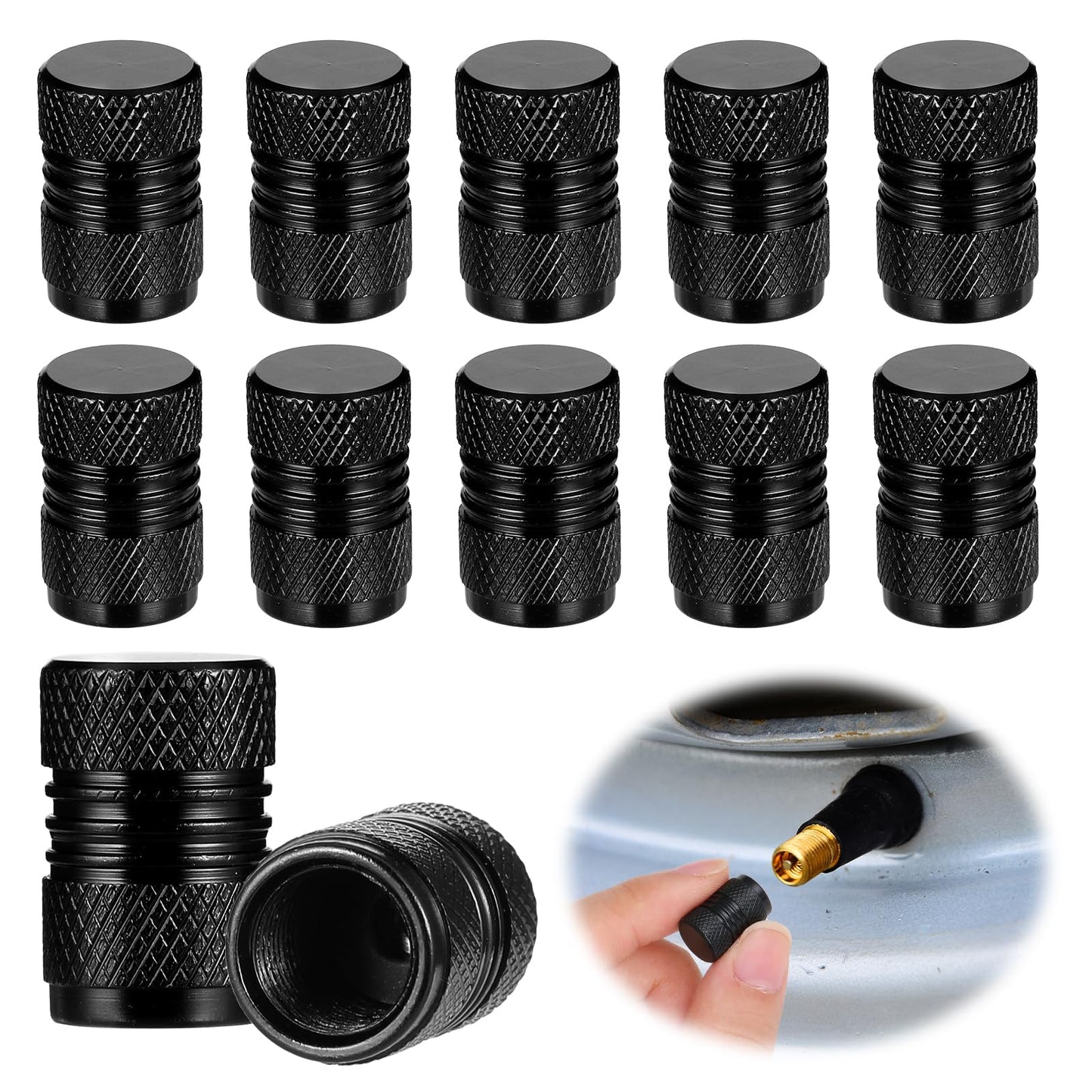 Dimeho 12 Pcs Tire Valve Stem Caps Cover, Tires Air Caps for Car Corrosion Resistant Leak-Proof Universal Stem Covers Aluminum Alloy Wheel Valve Cover for Trucks Bikes Motorcycle SUV (Black)