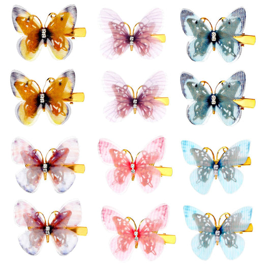 Butterfly Hair Clips Glitter Butterflies Hair Barrettes Gjinxi 12pcs Colorful Chiffon Hairclips with Diamond 2" Tulle Mesh Hairbow Wedding Hairpin for Teens Girls Hair Accessories DIY Crafts(6 Color)