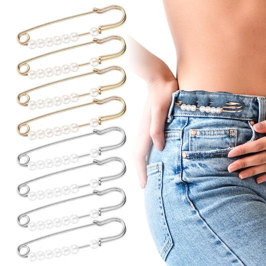 8 PCS Pearl Brooch Sweater Shawl Hat Safety Pin, Faux Pearl Safety Brooch, Waist Decoration for Women, Tightening Pearl Safety Pin for Scarves, Jackets, Tops, Jeans, Fashion Dress Clips