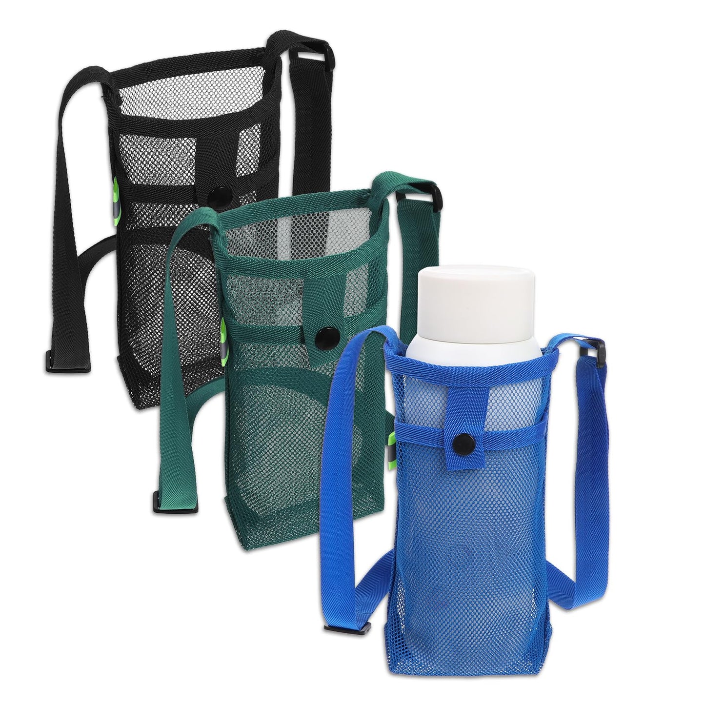 3pcs Water Bottle Holder Carrier with Adjustable Shoulder Strap Beach & Sports Bottle Bag Mesh Water Bottle Holder with Pocket Light Mesh Holder Crossbody Sling for Hiking Gym Camping Walking Travel