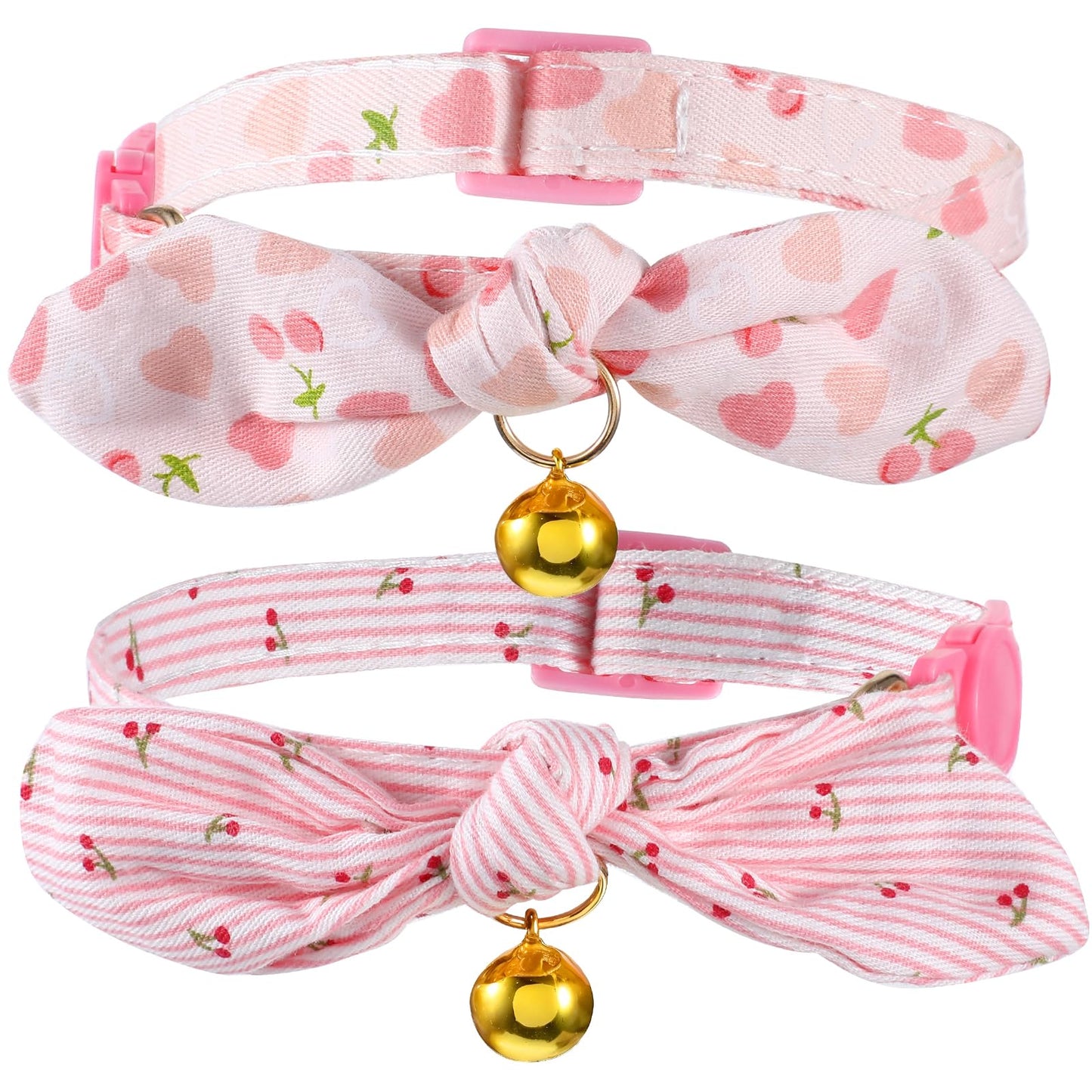 Wanmu 2Pcs Cotton Bowtie Cat Collar with Bell, Cat Collars Breakaway with Cute Bow Bell, Pink Girl Cat Collars with Removable Bowtie Cat Collar for Cats Kittens