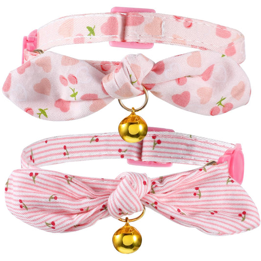 Wanmu 2Pcs Cotton Bowtie Cat Collar with Bell, Cat Collars Breakaway with Cute Bow Bell, Pink Girl Cat Collars with Removable Bowtie Cat Collar for Cats Kittens