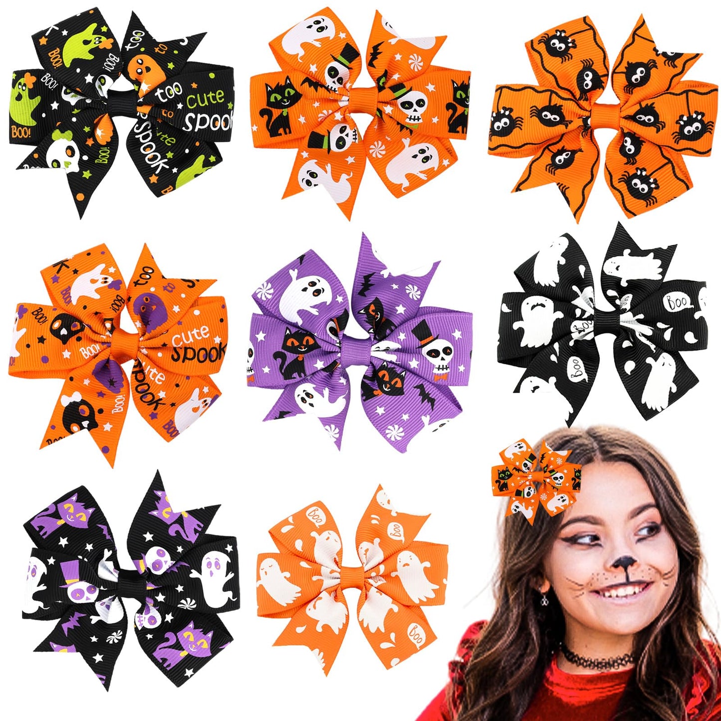 COMNICO 8pcs Halloween Bow Knot Hair Pins, Cute Cartoon Pumpkin Headband Hairband Handmade Hair Accessories Barrette for Girls Children
