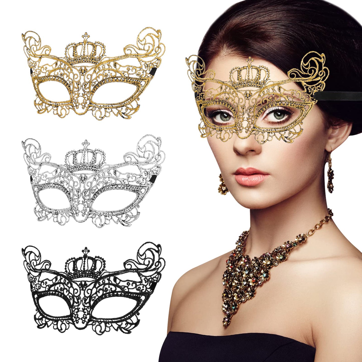 Sibba 3 Pieces Mascarade Masks for Women Lace Venetian Eye Masked Lady Girl Masquerade Dress-Up Accessories Mask Ball Halloween Costume Fancy Carnival Party Evening Prom Silver Black Gold(Crown Style)